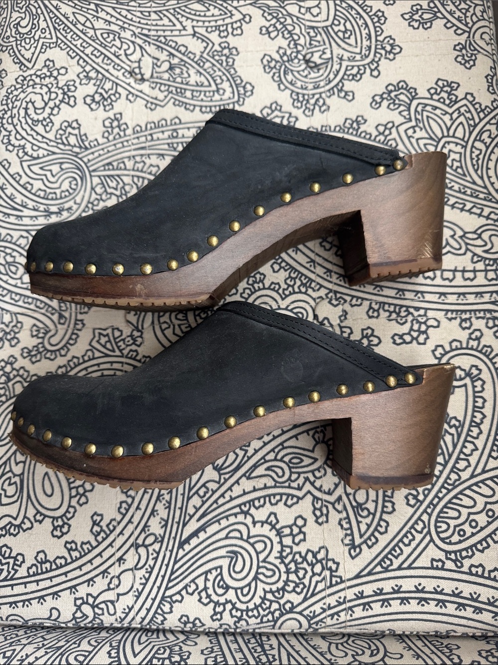 Sandgrens Black Studded Leather Clog Mules with Wood Heel